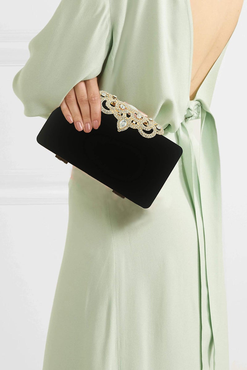 DEXMAY DM Dexmay Velvet Clutch with Rhinestone Crystal Crown Clasp Evening Bag for Formal Party Black Medium - Image 5