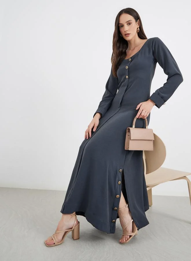 Women Grey Maxi Dress with Buttons