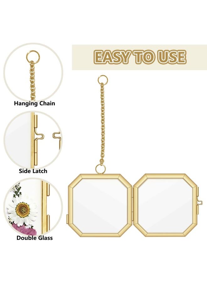 NSdawali Pressed Flower Frames, 2.3 Inch Mini Hanging Double Glass Picture Frame with Chain Brass Wall Hanging Photo Frames Floating Frame for Pressed Flowers DIY Vintage Home Decor (Gold, 2pcs-Octagon) - Image 3