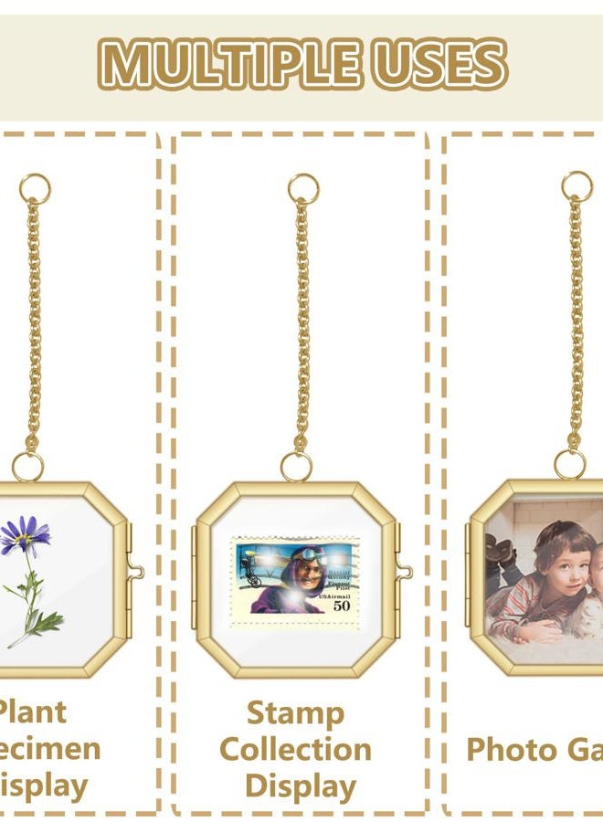 NSdawali Pressed Flower Frames, 2.3 Inch Mini Hanging Double Glass Picture Frame with Chain Brass Wall Hanging Photo Frames Floating Frame for Pressed Flowers DIY Vintage Home Decor (Gold, 2pcs-Octagon) - Image 4