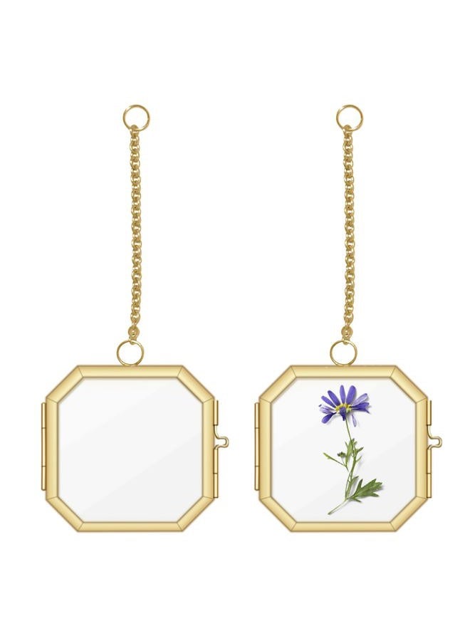 NSdawali Pressed Flower Frames, 2.3 Inch Mini Hanging Double Glass Picture Frame with Chain Brass Wall Hanging Photo Frames Floating Frame for Pressed Flowers DIY Vintage Home Decor (Gold, 2pcs-Octagon) - Image 1
