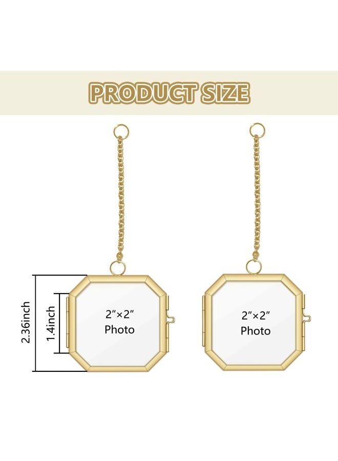 NSdawali Pressed Flower Frames, 2.3 Inch Mini Hanging Double Glass Picture Frame with Chain Brass Wall Hanging Photo Frames Floating Frame for Pressed Flowers DIY Vintage Home Decor (Gold, 2pcs-Octagon) - Image 2
