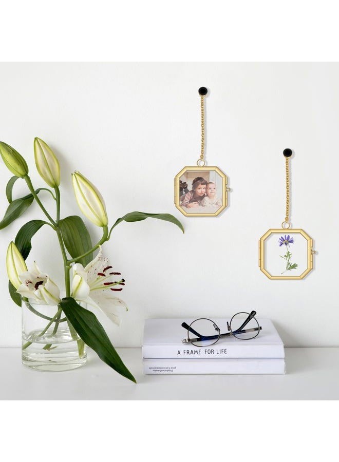 NSdawali Pressed Flower Frames, 2.3 Inch Mini Hanging Double Glass Picture Frame with Chain Brass Wall Hanging Photo Frames Floating Frame for Pressed Flowers DIY Vintage Home Decor (Gold, 2pcs-Octagon) - Image 5