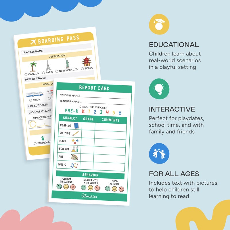 Tiny Expressions Kids Pretend Play Notepads â€“ 40 Pages Boarding Pass & 40 Pages Classroom Report Card Notepad - Travel Booking Agent and Teacher Imaginative Role Play - Playtime Pads - Image 4