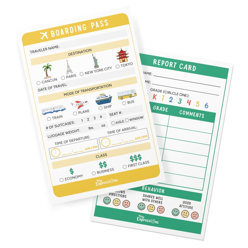 Tiny Expressions Kids Pretend Play Notepads â€“ 40 Pages Boarding Pass & 40 Pages Classroom Report Card Notepad - Travel Booking Agent and Teacher Imaginative Role Play - Playtime Pads - Image 1