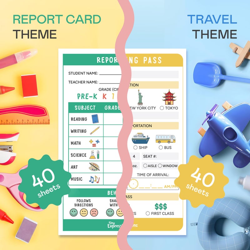 Tiny Expressions Kids Pretend Play Notepads â€“ 40 Pages Boarding Pass & 40 Pages Classroom Report Card Notepad - Travel Booking Agent and Teacher Imaginative Role Play - Playtime Pads - Image 2