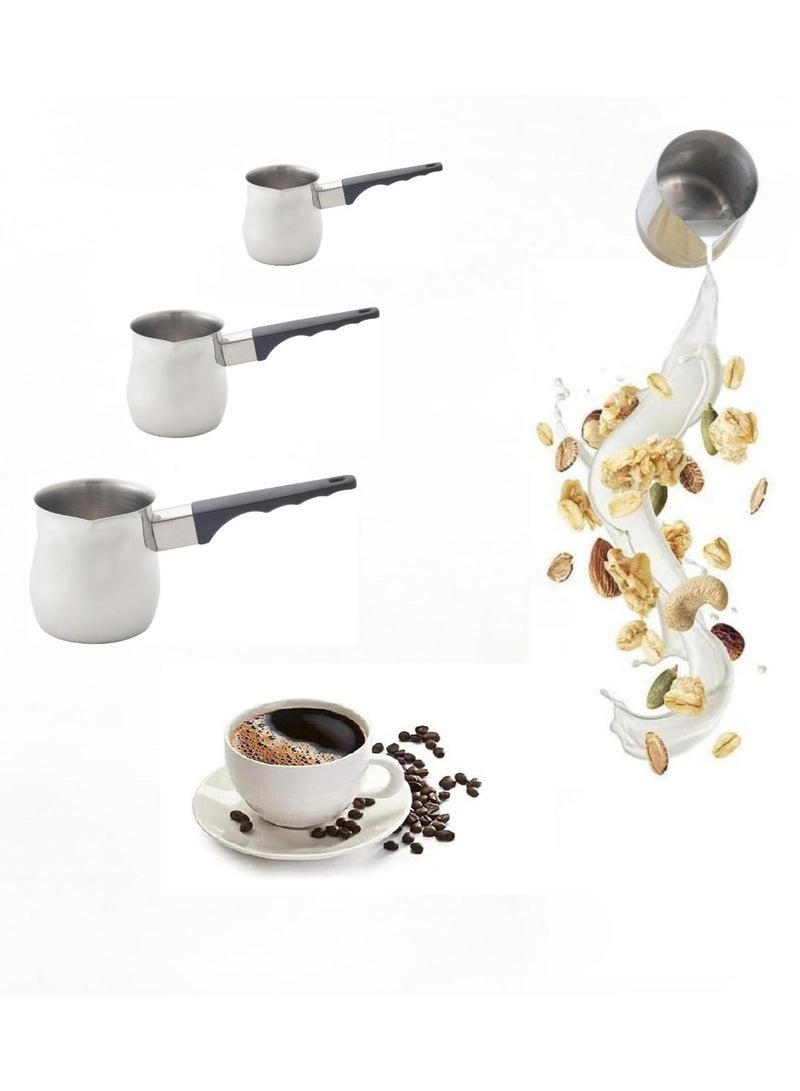 3 قطع من الفولاذ المقاوم للصدأ صانع القهوة العربية وعاء تسخين حليب الشوكولاتة والزبدة والصلصة مع فوهة موقد (200 مل، 400 مل، 600 مل، فضي) (فولاذ بمقبض أسود) - Image 1