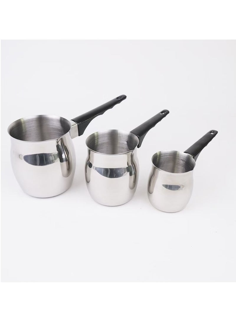 3 قطع من الفولاذ المقاوم للصدأ صانع القهوة العربية وعاء تسخين حليب الشوكولاتة والزبدة والصلصة مع فوهة موقد (200 مل، 400 مل، 600 مل، فضي) (فولاذ بمقبض أسود) - Image 2