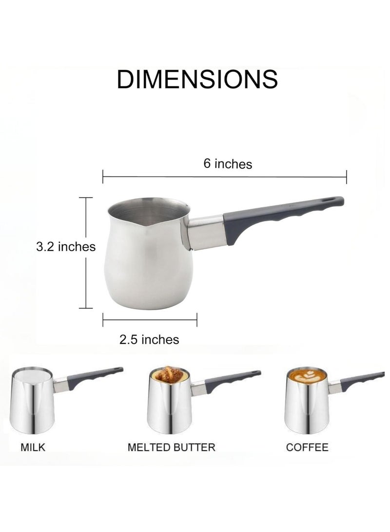 3 قطع من الفولاذ المقاوم للصدأ صانع القهوة العربية وعاء تسخين حليب الشوكولاتة والزبدة والصلصة مع فوهة موقد (200 مل، 400 مل، 600 مل، فضي) (فولاذ بمقبض أسود) - Image 3