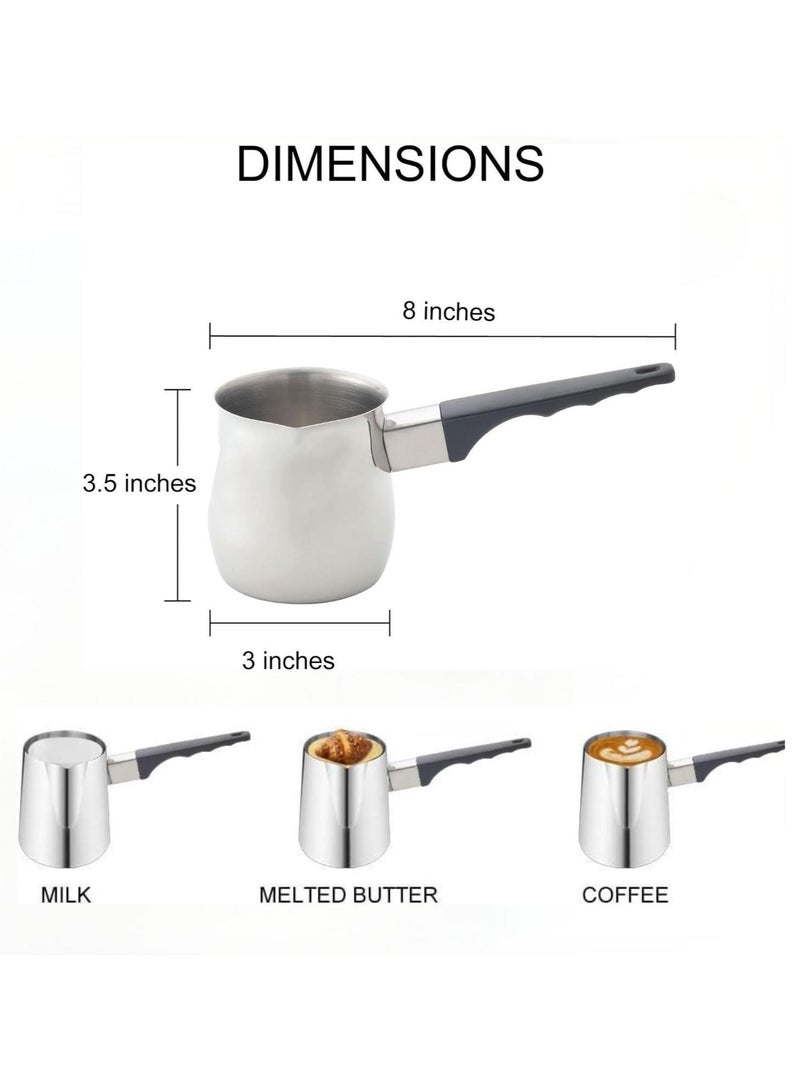 3 قطع من الفولاذ المقاوم للصدأ صانع القهوة العربية وعاء تسخين حليب الشوكولاتة والزبدة والصلصة مع فوهة موقد (200 مل، 400 مل، 600 مل، فضي) (فولاذ بمقبض أسود) - Image 4