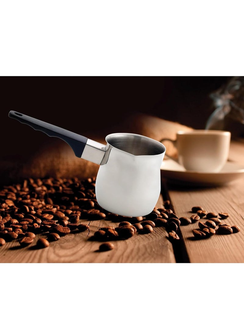 3 قطع من الفولاذ المقاوم للصدأ صانع القهوة العربية وعاء تسخين حليب الشوكولاتة والزبدة والصلصة مع فوهة موقد (200 مل، 400 مل، 600 مل، فضي) (فولاذ بمقبض أسود) - Image 5