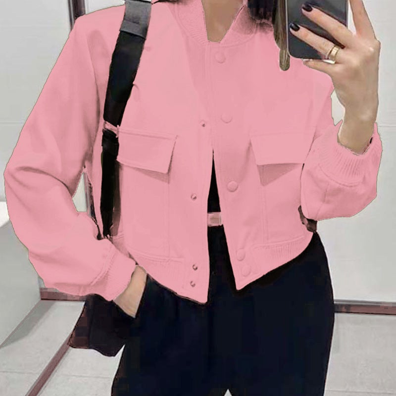AliExpress 2024 autumn new European and American stand collar large pocket neutral style womens jacket coat womens jacket Pink 