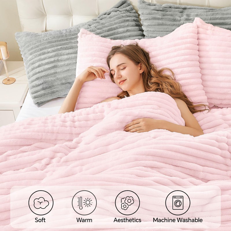 BEDELITE Fleece King Comforter Set -Super Soft & Warm Fluffy Cherry Blossom Bedding, Luxury Fuzzy Heavy Bed Set for Winter with 2 Pillow Cases - Image 3
