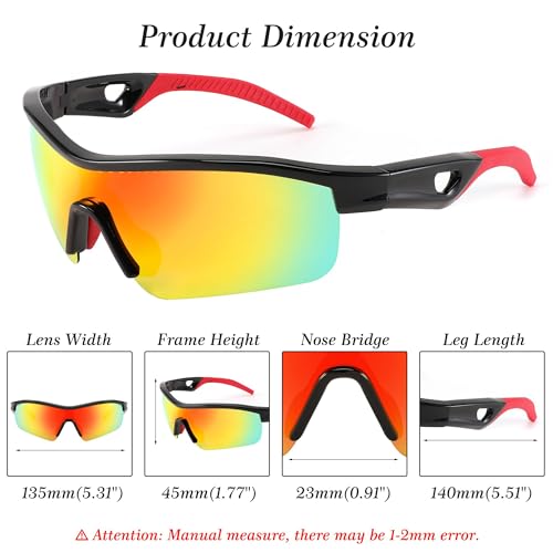 Karsaer Men Sunglasses, Polarized Cycling Sunglasses, Uv400 Sports Baseball Running Fishing Hiking Shades E1111, Black Frame & Red,Mirror Lens, oversized - Image 5
