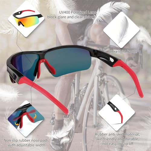 Karsaer Men Sunglasses, Polarized Cycling Sunglasses, Uv400 Sports Baseball Running Fishing Hiking Shades E1111, Black Frame & Red,Mirror Lens, oversized - Image 4