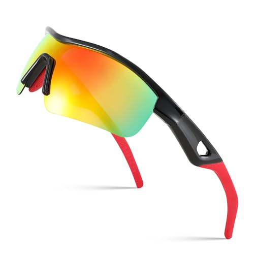 Karsaer Men Sunglasses, Polarized Cycling Sunglasses, Uv400 Sports Baseball Running Fishing Hiking Shades E1111, Black Frame & Red,Mirror Lens, oversized - Image 2