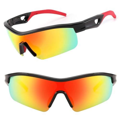 Karsaer Men Sunglasses, Polarized Cycling Sunglasses, Uv400 Sports Baseball Running Fishing Hiking Shades E1111, Black Frame & Red,Mirror Lens, oversized - Image 1
