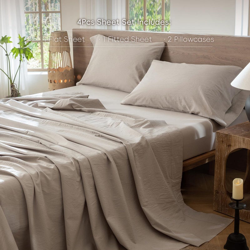 MooMee Bedding Sheet Set 100% Washed Cotton Linen Like Textured Breathable Durable Soft Comfy (Heathered Cream Grey, Queen) - Image 2