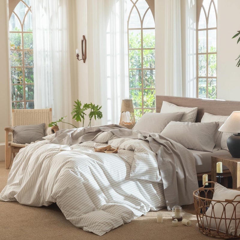 MooMee Bedding Sheet Set 100% Washed Cotton Linen Like Textured Breathable Durable Soft Comfy (Heathered Cream Grey, Queen) - Image 3