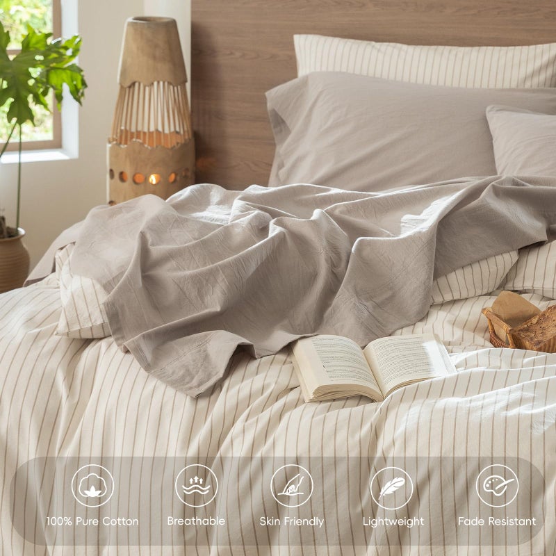 MooMee Bedding Sheet Set 100% Washed Cotton Linen Like Textured Breathable Durable Soft Comfy (Heathered Cream Grey, Queen) - Image 4