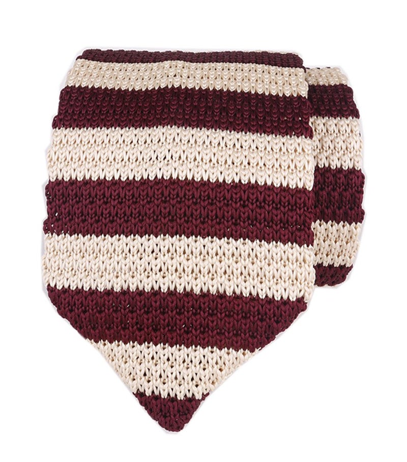 Ctskyte Men Burgundy Red Beige Knit Tie Accessory Narrow Stripe Necktie Gift for Husband
