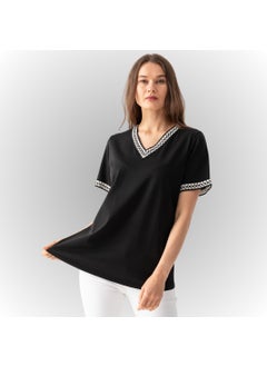 Women's Black V-Neck Viscose Combed Cotton Blouse with Embroidery Stripe Detail on Collar and Sleeves