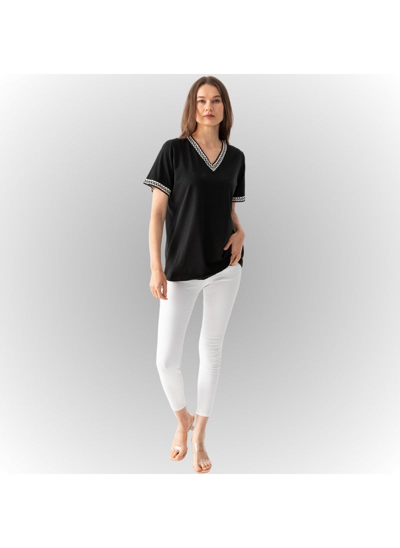 Etkimod - Women's Black V-Neck Viscose Combed Cotton Blouse with Embroidery Stripe Detail on Collar and Sleeves - Image 1