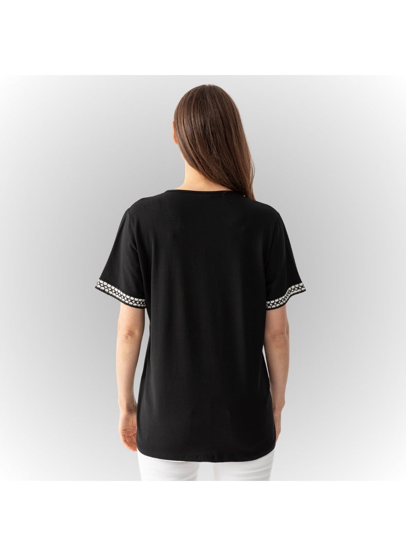 Etkimod - Women's Black V-Neck Viscose Combed Cotton Blouse with Embroidery Stripe Detail on Collar and Sleeves - Image 1