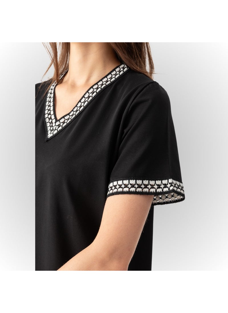 Etkimod - Women's Black V-Neck Viscose Combed Cotton Blouse with Embroidery Stripe Detail on Collar and Sleeves - Image 1