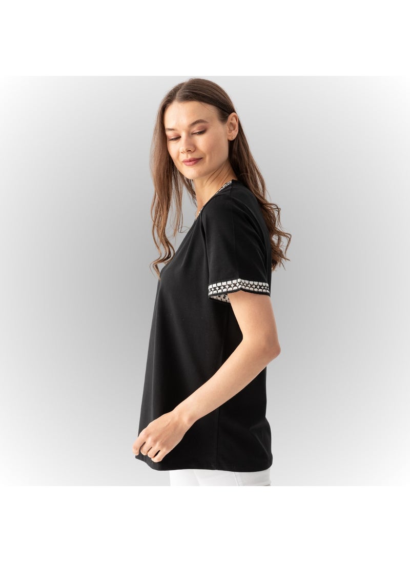 Etkimod - Women's Black V-Neck Viscose Combed Cotton Blouse with Embroidery Stripe Detail on Collar and Sleeves - Image 1