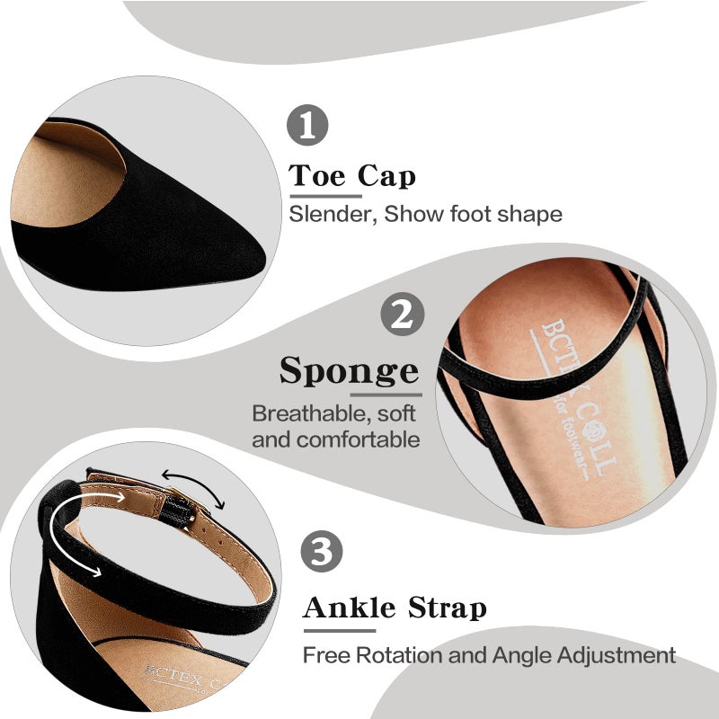 BCTEX COLL Womens Pointed Toe Pumps Shoes Ankle Strap Chunky Low Heels Metal Lined Sandals Designed for Women(bla9) - Image 5