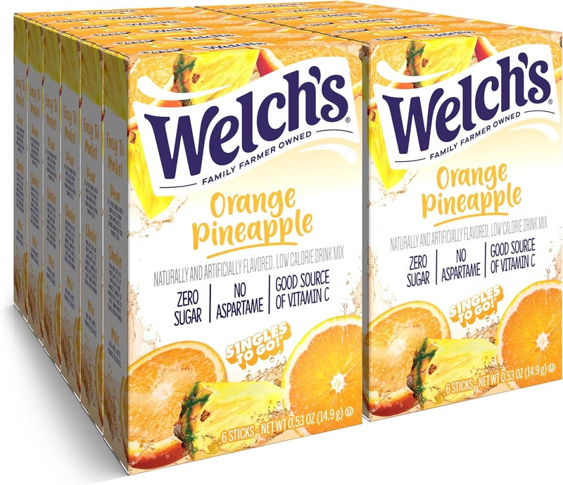 Welch's Singles To Go Water Drink Mix - Orange Pineapple Flavor, 12 Boxes with 6 Packets Each, Total 72 Servings - Image 1
