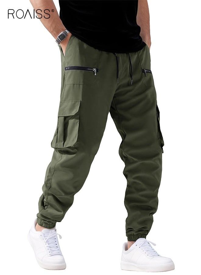 رويس بنطلون رجالي كاجوال بسحاب، بنطلون للمشي لمسافات طويلة، بنطلون رياضي للتمرين، بنطلون رياضي للرجال، بنطلون عمل عملي، بنطلون رجالي فضفاض برباط مع جيوب، مقاس مريح - Image 1