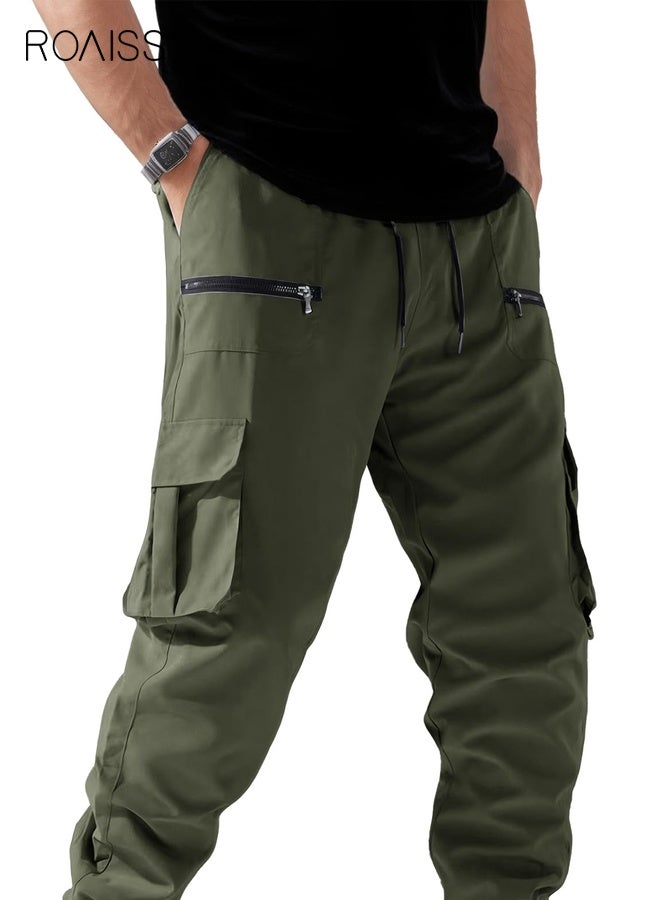 رويس بنطلون رجالي كاجوال بسحاب، بنطلون للمشي لمسافات طويلة، بنطلون رياضي للتمرين، بنطلون رياضي للرجال، بنطلون عمل عملي، بنطلون رجالي فضفاض برباط مع جيوب، مقاس مريح - Image 2