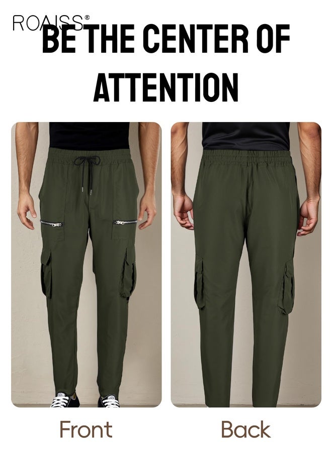 رويس بنطلون رجالي كاجوال بسحاب، بنطلون للمشي لمسافات طويلة، بنطلون رياضي للتمرين، بنطلون رياضي للرجال، بنطلون عمل عملي، بنطلون رجالي فضفاض برباط مع جيوب، مقاس مريح - Image 3