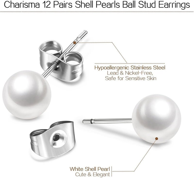 Charisma 8mm Composite Pearl Earrings Round Ball Pearls Stud Earrings Hypoallergenic 12 Pairs Imitation Pearl Earrings Set for Women - Image 3