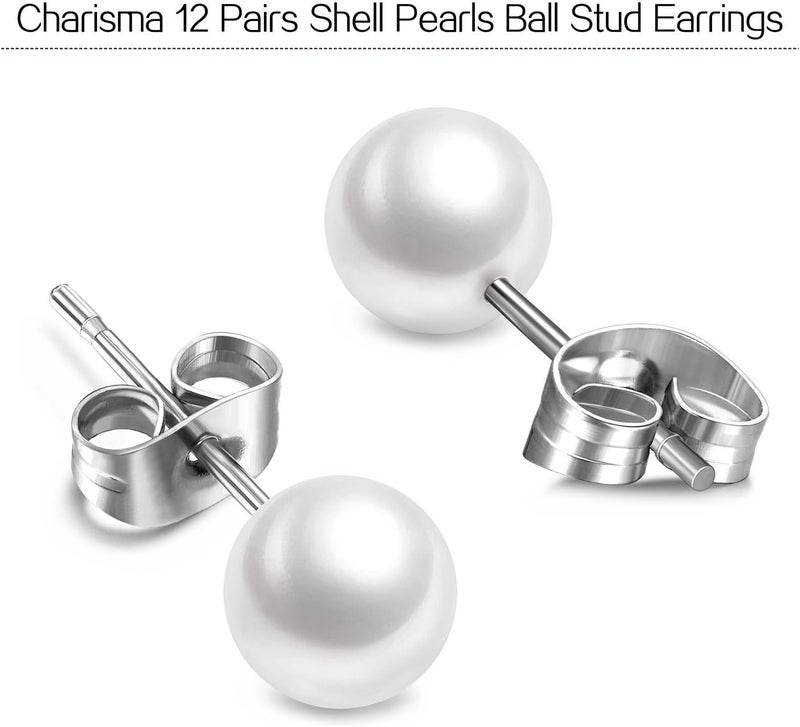 Charisma 8mm Composite Pearl Earrings Round Ball Pearls Stud Earrings Hypoallergenic 12 Pairs Imitation Pearl Earrings Set for Women - Image 2