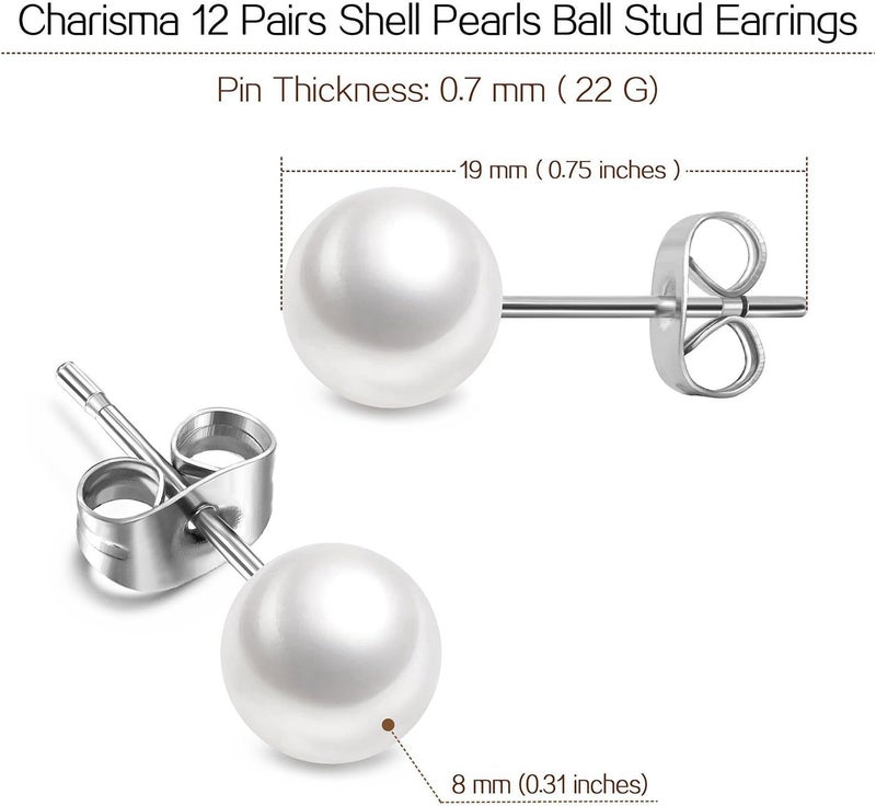 Charisma 8mm Composite Pearl Earrings Round Ball Pearls Stud Earrings Hypoallergenic 12 Pairs Imitation Pearl Earrings Set for Women - Image 4