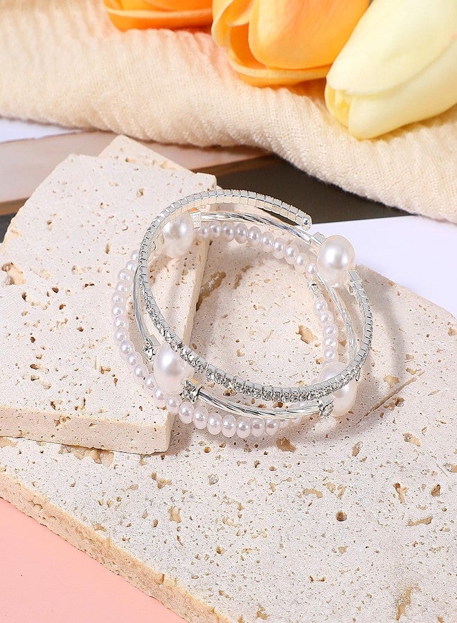 Plexaris Pearl Bracelet for Women, Adjustable Spring Bangle with Elegant Design, Silver Jewelry for Bridal Party Favors, Gifts - Image 4