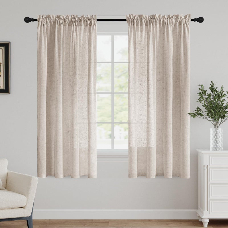 FantasDecor Natural Linen Rod Pocket Curtains 63 inch Length 2 Panels Set Light Filtering Semi Sheer Lightweight Neutral Country Rustic Farmhouse Boho Curtain W52 x L63 Angora