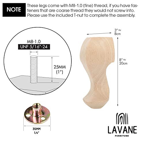 La Vane 8 inch / 20cm Wooden Furniture Legs, Set of 4 European Style Solid Wood Carving Furniture Replacement Feet Decoration for Sofa Cabinet Wardrobe Table Loveseat - Image 4