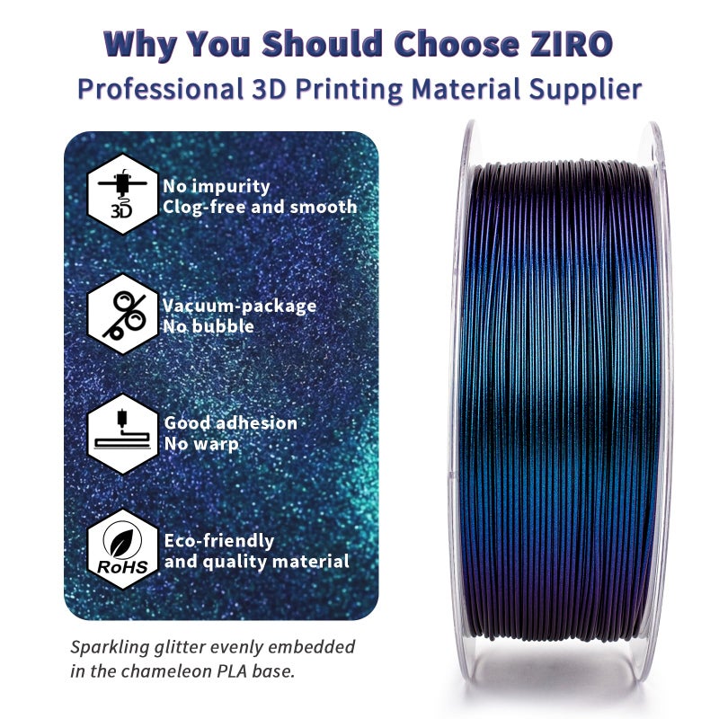 ZIRO Glitter PLA Filament 1.75mm, 3D Printer Filament Shiny Sparkle PLA, Chameleon Series 1KG/2.2lbs Spool, Super Twinkle Effect Material, Fit Most FDM 3D Printers, Peacock Teal Luster - Image 4