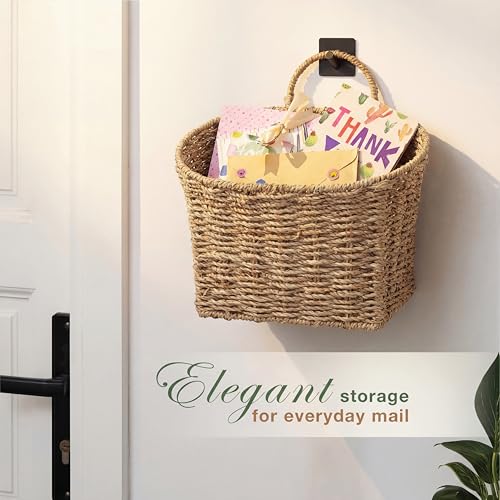 84ECO Set of 2 Wicker Hanging Basket for Organizing, Front Door, Mail, Flowers - Woven Wall Baskets for Storage (Seagrass) - Image 3