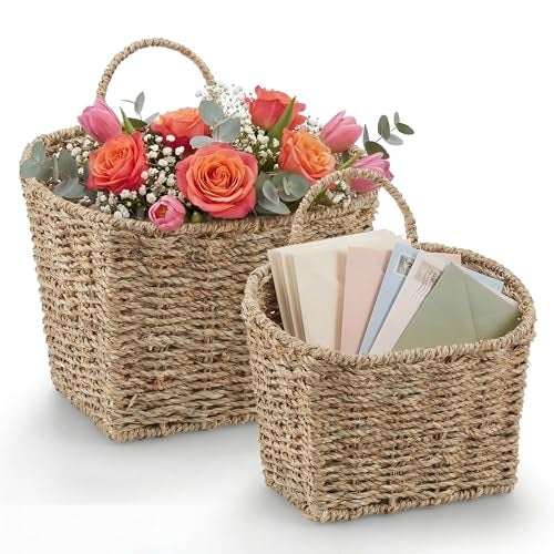 84ECO Set of 2 Wicker Hanging Basket for Organizing, Front Door, Mail, Flowers - Woven Wall Baskets for Storage (Seagrass) - Image 1