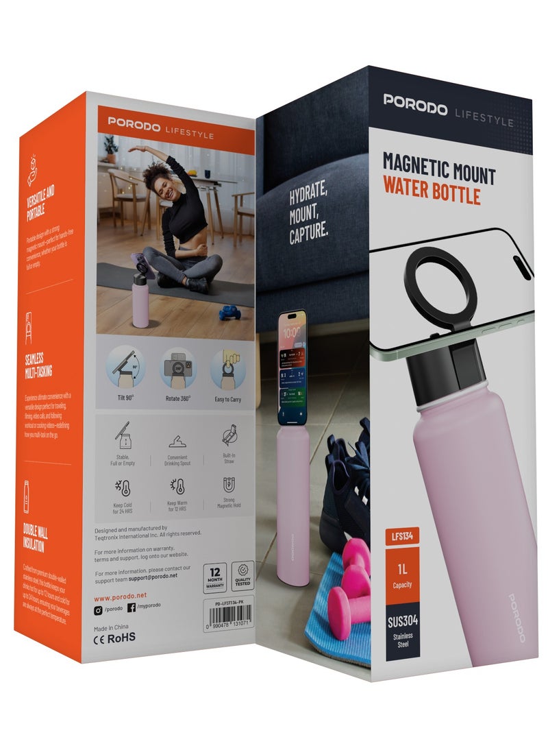 porodo Water Bottle with Magnetic Mount 1L /  Magsafe / Stable / Double Wall / Keeps Cold and Warm / with Straw / Bottle for Gym/ Workout/Outdoor/Camping & Hiking - Pink - Image 3