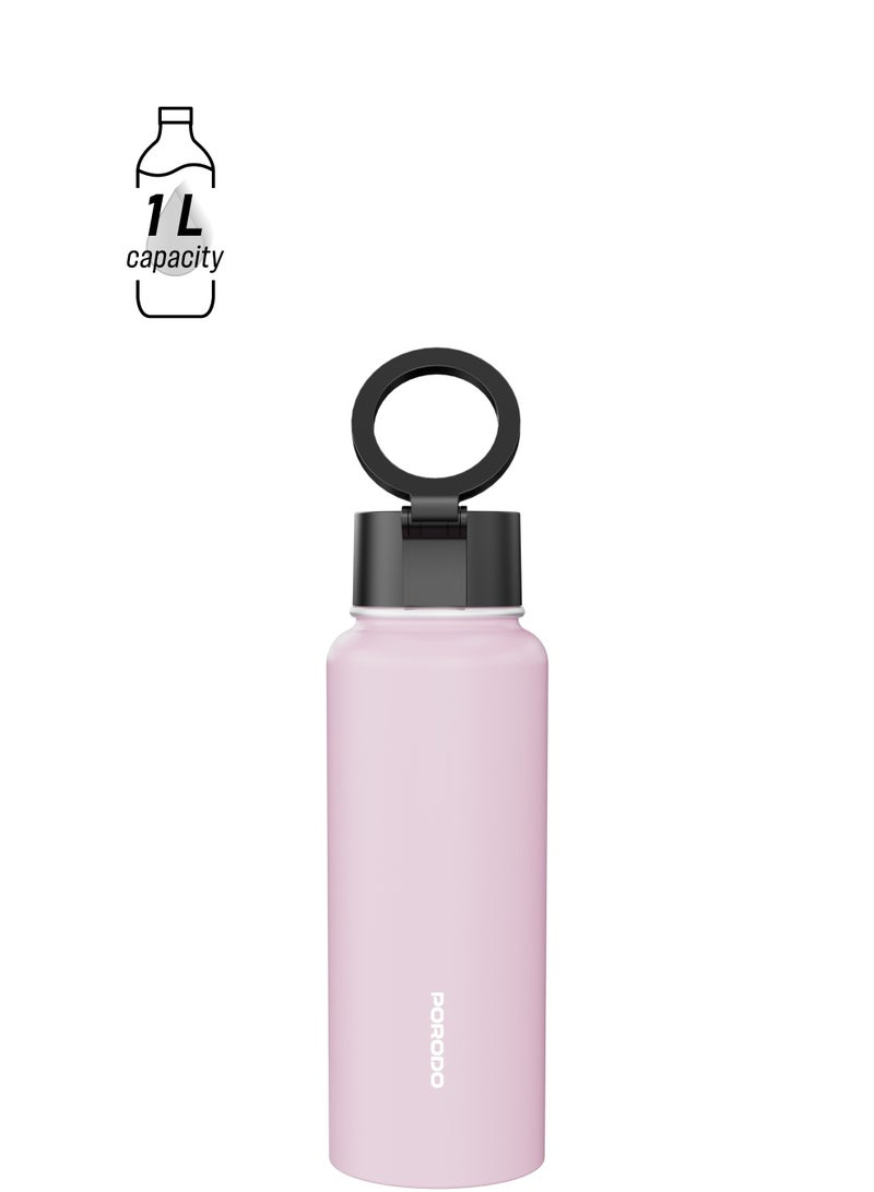 porodo Water Bottle with Magnetic Mount 1L /  Magsafe / Stable / Double Wall / Keeps Cold and Warm / with Straw / Bottle for Gym/ Workout/Outdoor/Camping & Hiking - Pink - Image 1