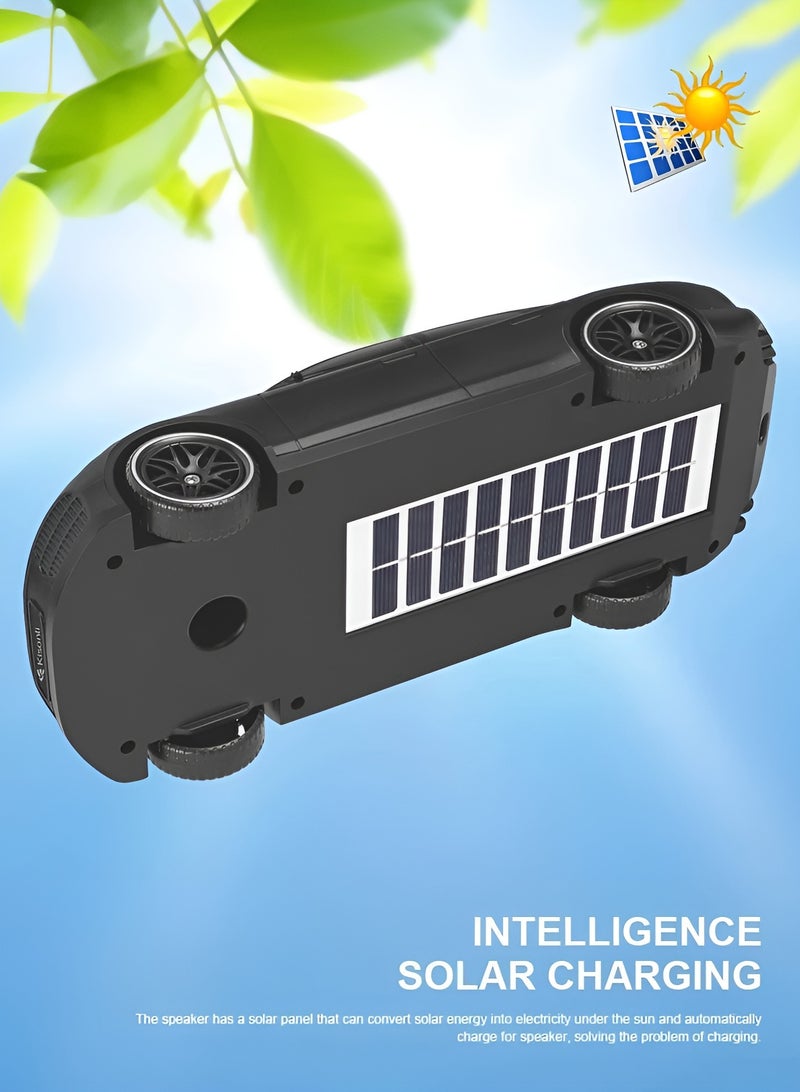 Kisonli B5 Car-Shaped Speaker – Solar Charging, Bluetooth, FM Radio, TF Card, U Disk, 10W Stereo Sound, 1800mAh Battery, 3 to 8 Hours Playtime – Black - Image 2