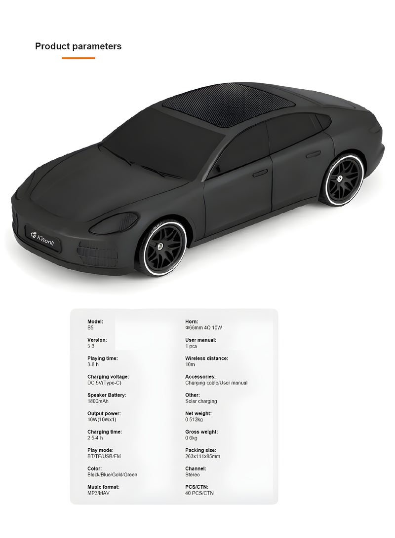 Kisonli B5 Car-Shaped Speaker – Solar Charging, Bluetooth, FM Radio, TF Card, U Disk, 10W Stereo Sound, 1800mAh Battery, 3 to 8 Hours Playtime – Black - Image 4