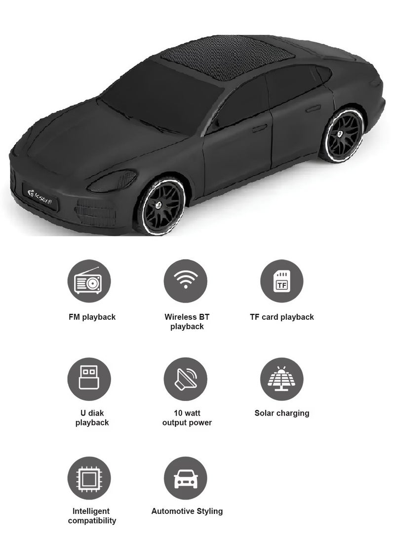 Kisonli B5 Car-Shaped Speaker – Solar Charging, Bluetooth, FM Radio, TF Card, U Disk, 10W Stereo Sound, 1800mAh Battery, 3 to 8 Hours Playtime – Black - Image 5