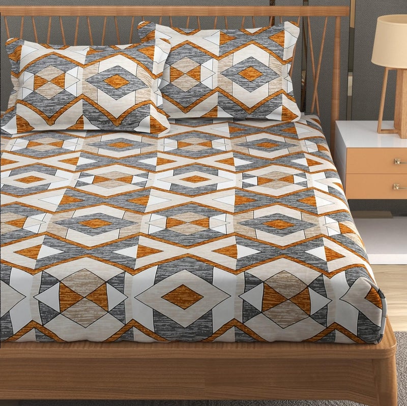 Furnofy Premium Geometric Printed Double Bedsheet Set – Grey & Mustard (90x100 Inches) with 2 Pillow Covers – Flat - Image 1